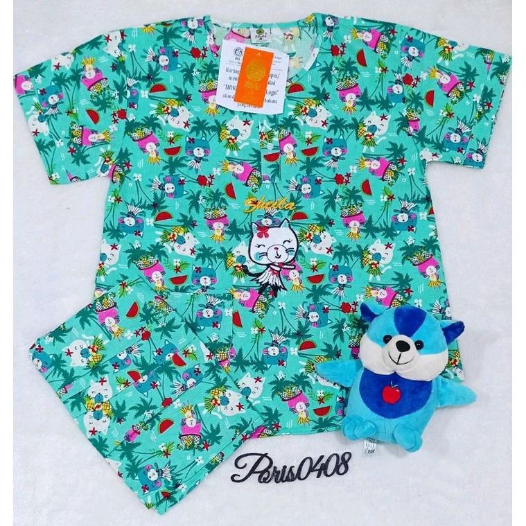 Baju Tidur HOKI&amp;SHEILA Katun wanita Celana 3/4 (Hula hawai cat)