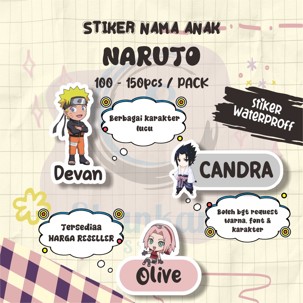 

( 100-150pcs) Stiker Nama TEMA NARUTO / Stiker Alat Tulis / Stiker Waterproof / Stiker Efek Hologram