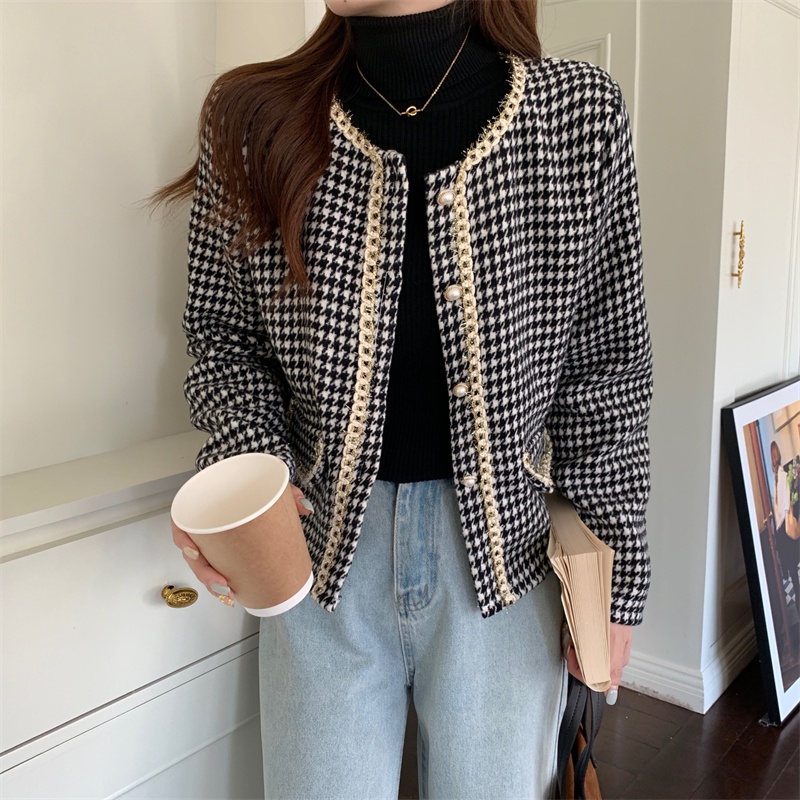 Jaket Wanita Terbaru Korean Style Lengan Panjang Kotak-kotak Kekinian Crop Cardigan Vintage Wanita