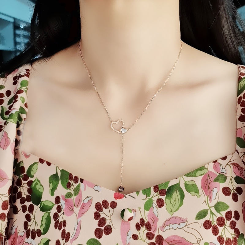 Kalung Rantai Dengan Liontin Hati + Rumbai Untuk Wanita | Aksesoris Bahan Titanium Steel 18k Warna Rose Gold | Perhiasan Temperamen Bahan Stainless Steel