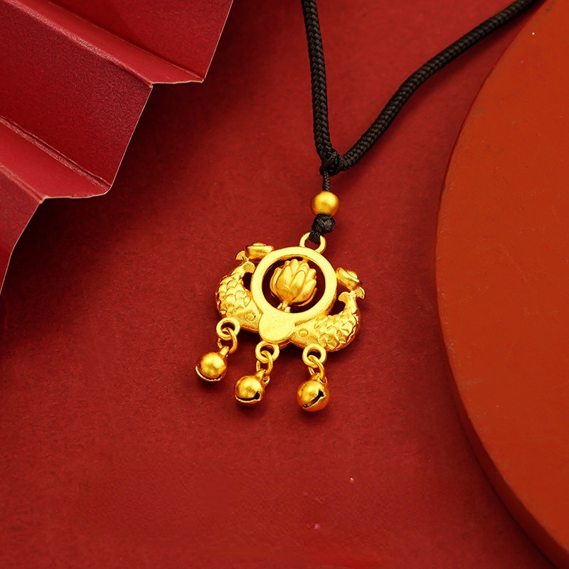 Goldkingdom Fashion Perhiasan Emas Asli Kadar 375Bangkok Aksesoris Ready Stock Tahunan Ikan Kalung Pria Dan Wanita Yang Dapat Disesuaikan Lembut Retro Rejeki Lonceng Liontin Teratai