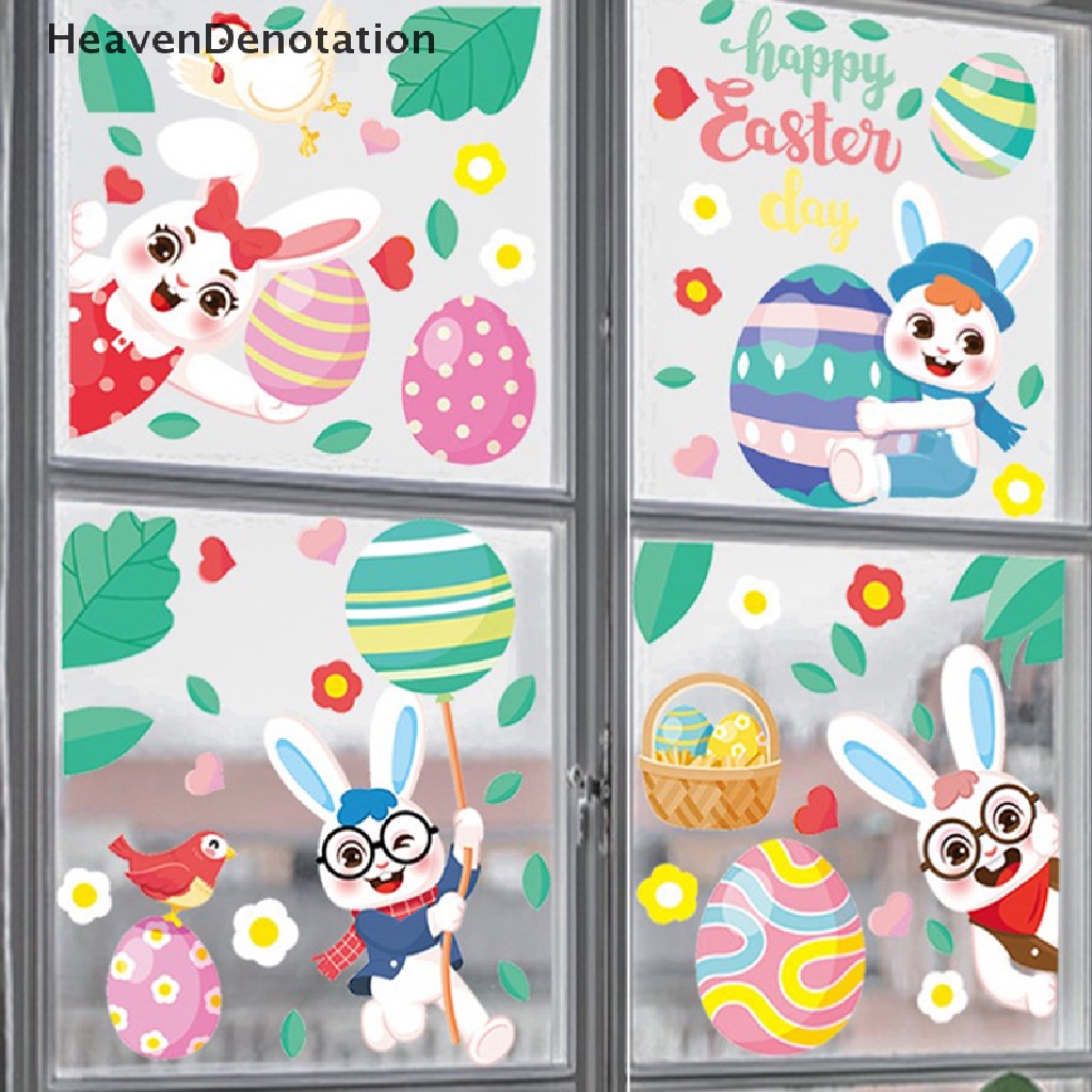 [HeavenDenotation] 1pc Stiker Jendela Kaca Happy Easter Colorful Bunny Eggs Wall Sticker 20x30cm HDV