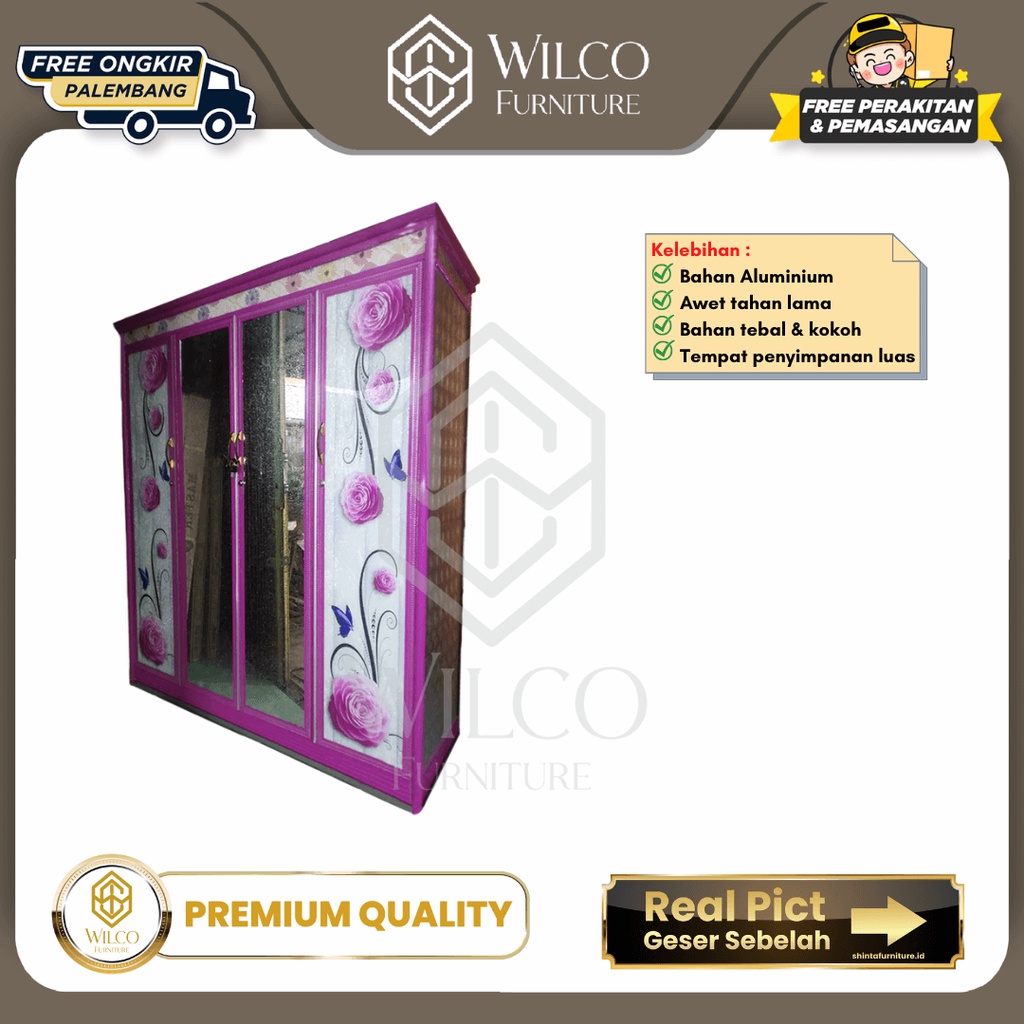 Lemari Baju 4 Pintu Polos Kaca Motif Aluminium Lemari Pakaian Alma