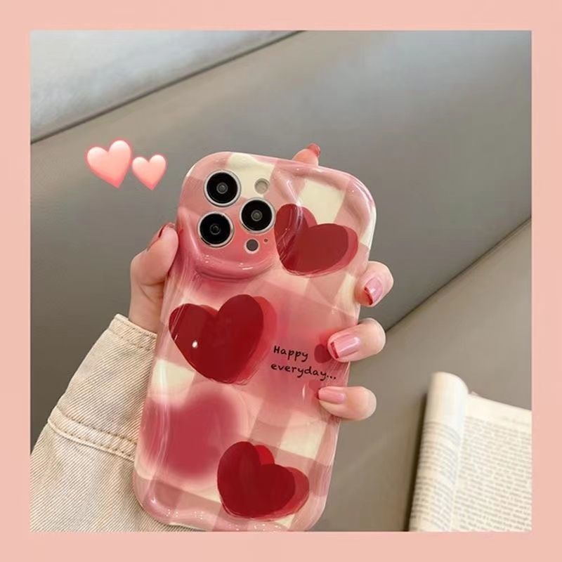 IPHONE Casing Ponsel Motif Gaya Hati Korea Kotak-Kotak Gelombang Kompatibel Dengan Iphone12 13 14 11 Pro Max X Xs Max Xr Fdcsf