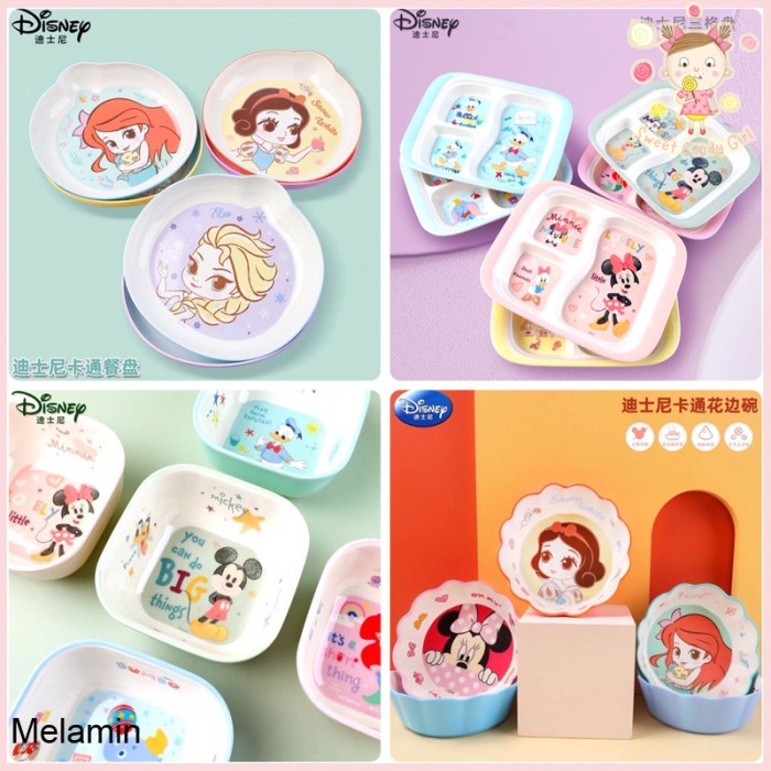 Piring Piring Mangkok Bulat Melamin Anak Karakter Disney Princess Mickey Elsa