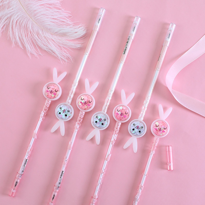 [Wholesale Prices] Transparent Bar 0.5mm Exam Marker Cute Expression Writing Stationery Creative Rabbit Ears Signature Pen Dream Girl Black Neutral Pen Shiny Sequin Stationery Pen