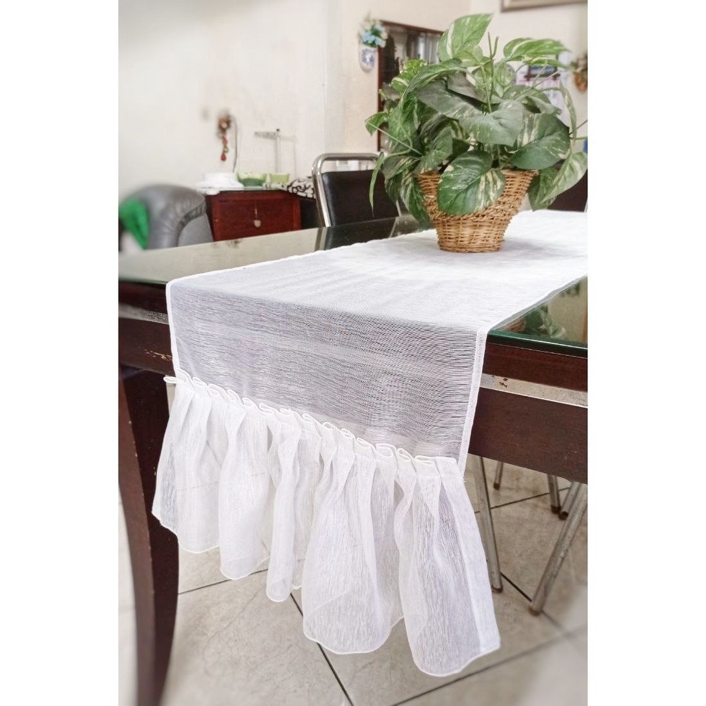 Taplak meja tamu / taplak meja makan / taplak meja pesta putih transparan rempel rumbai skirting