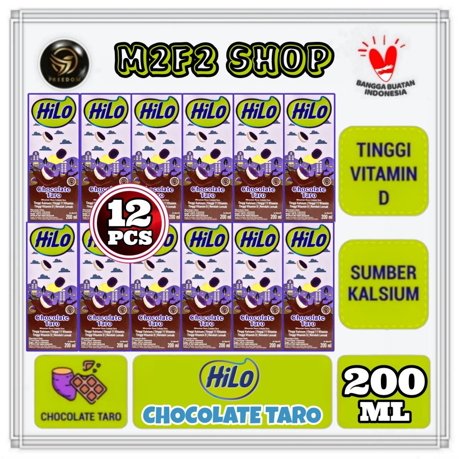 HiLo Susu Cokelat Chocolate Taro Kotak UHT - 200 ml (Kemasan 12 Pcs)