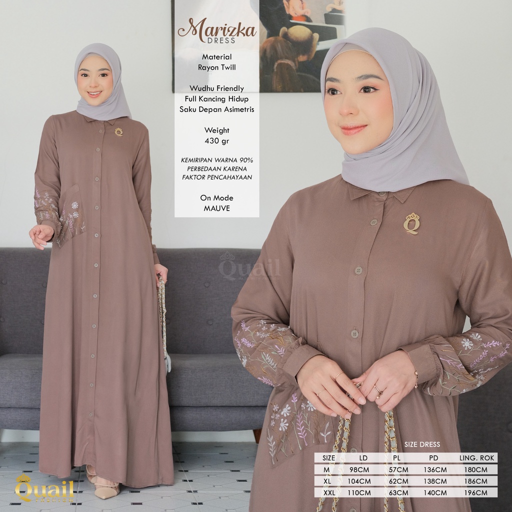 MARIZKA DRESS Gamis Bordir Bunga Saku Depan Asimetris by Quail Hijab Ori murah