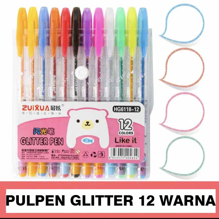 1 LUSIN 12PCS - PULPEN GEL GLITTER ZUIXUA SET 12 WARNA / PULPEN GLITTER WARNA WARNI / BOLPEN GEL GLITTER / GLITTER  PEN