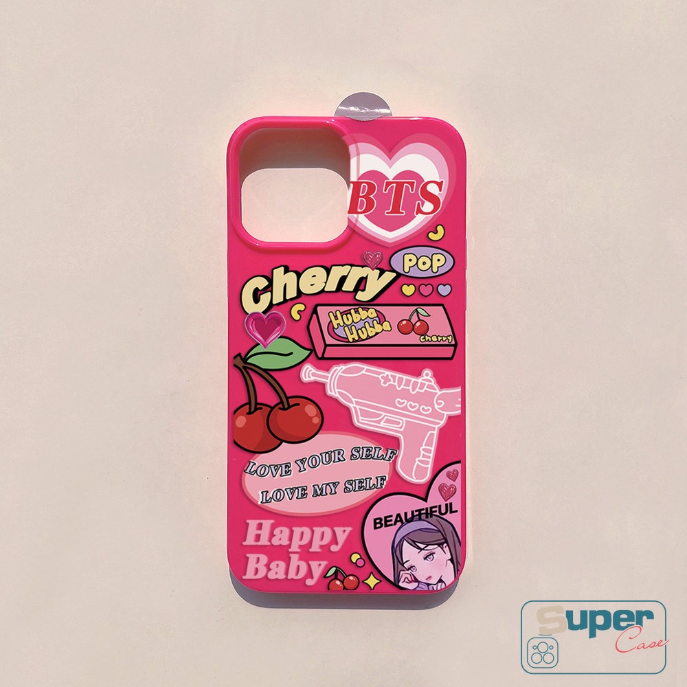 IPHONE Permen Glossy Case Kompatibel Untuk Iphone7 8 Plus XR 11 13 14 12 Pro Max X XS Max SE 2020 Rose Red Label Kartun Cherry Kamera Perlindungan Tahan Guncangan Lembut TPU Silicon Back Cover