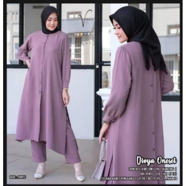 SALE  Stelan Long Tunik Divya Cringkle Kemeja Kancing Depan Belakang/One Set Divya Cringkle Airflow 