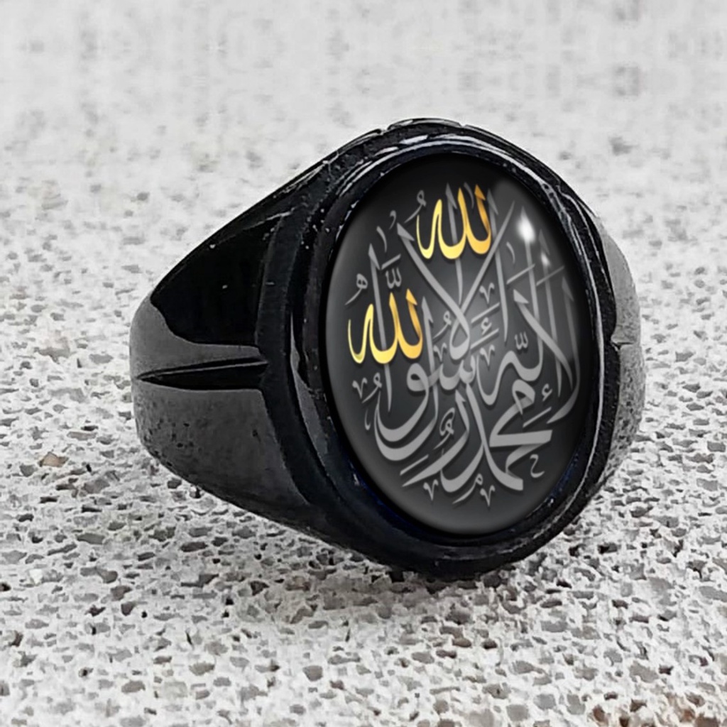 PREMIUM - CINCIN TITANIUM PRIA LAFADZ TAUHID ALLAH ISLAM MUSLIM BATU KACA CEMBUNG ANTI KARAT TIDAK LUNTUR KODE AKIK MODEL M