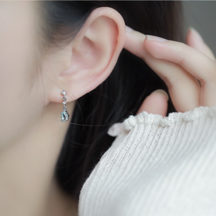 Roselife Elegan Biru Zirkon Tetesan Air Menjuntai Anting Wanita Perempuan Mewah Bersinar Mermaid Tears Earring Untuk Pesta Pernikahan Pertunangan