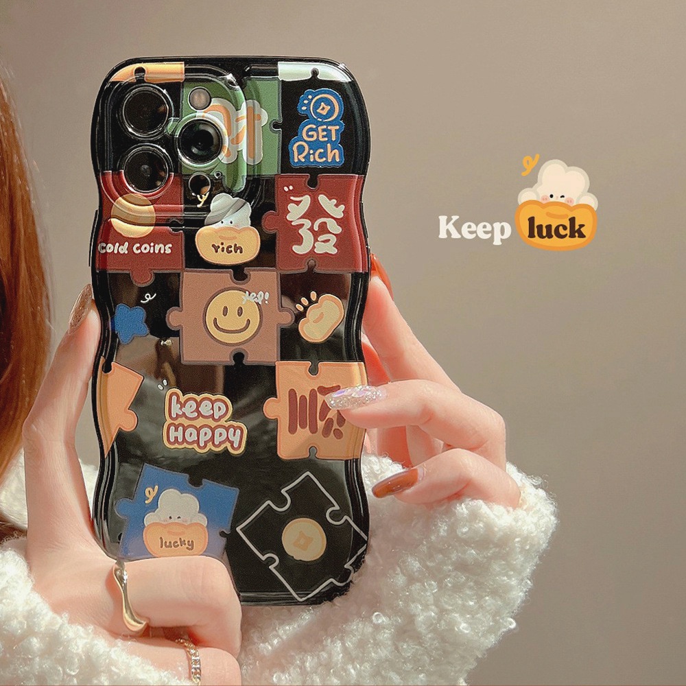 IPHONE Smiley Face Puzzle Soft Black Wave Edge Case Untuk Iphone14 11 12 13 PRO MAX Casing Cover Pelindung AT0020