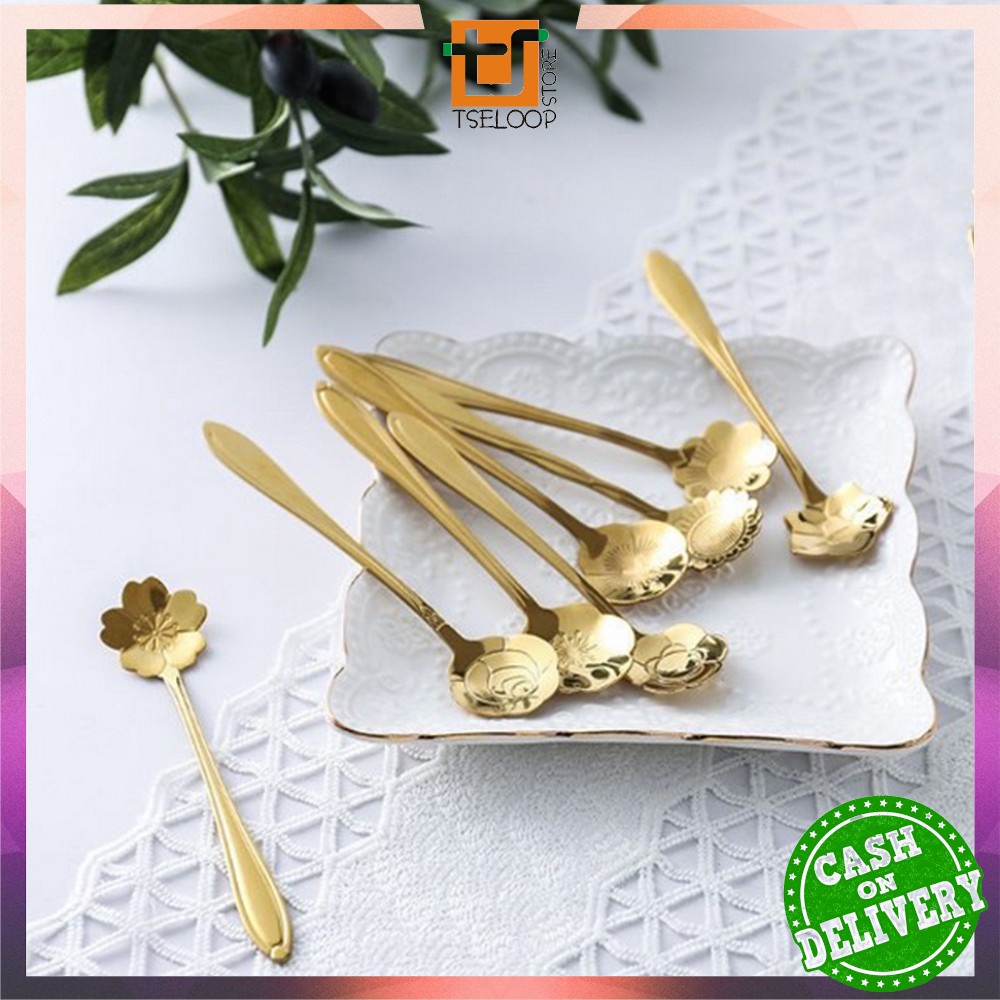 OFM-C766 Sendok Korea Teh Kopi Kecil Stainless Steel Motif Love Elegant Warna Gold / Sendok Bunga Emas Spoon Dessert Import