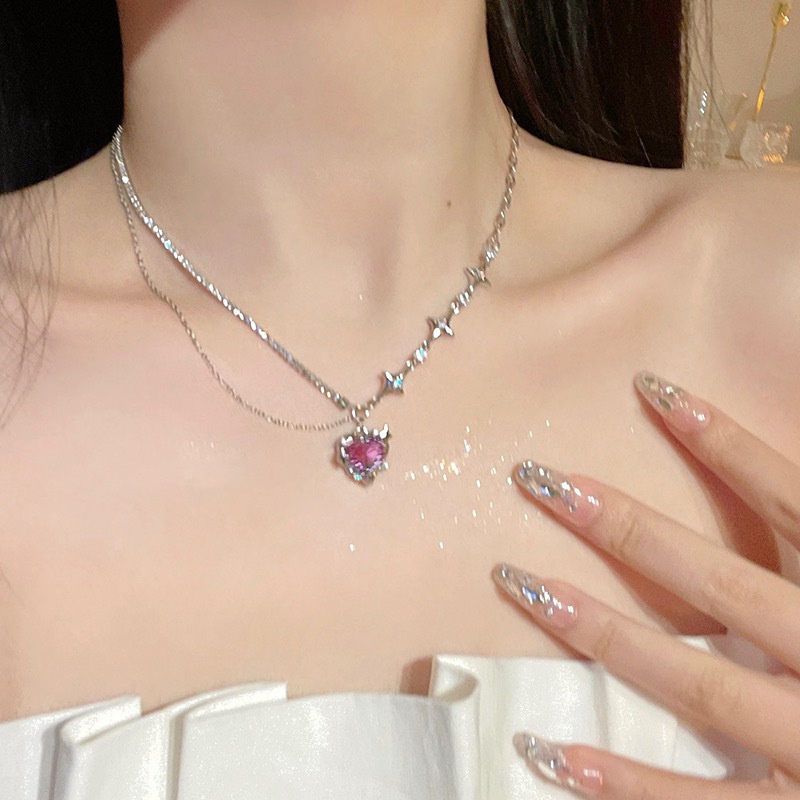 Kalung Liontin Hati Permata Elegan Choker Rantai Bintang Kristal Silver Untuk Aksesoris Perhiasan Wanita