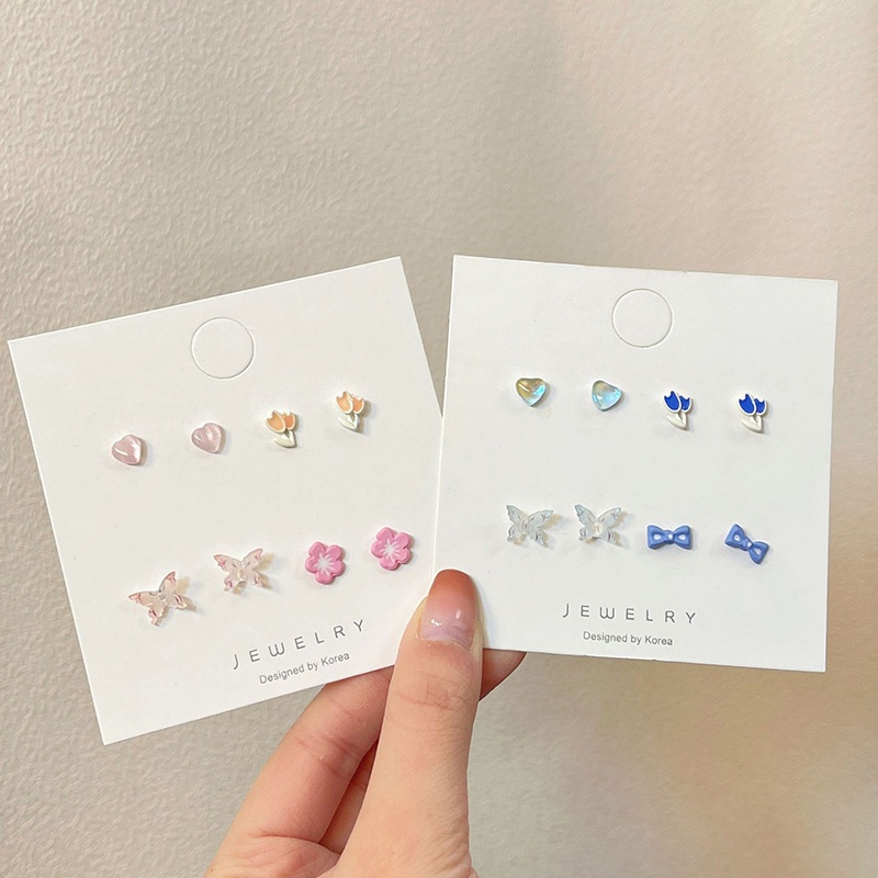 4pasang/set Anting Tusuk Motif Tulip Kupu-Kupu Hati Paduan Baru Untuk Wanita