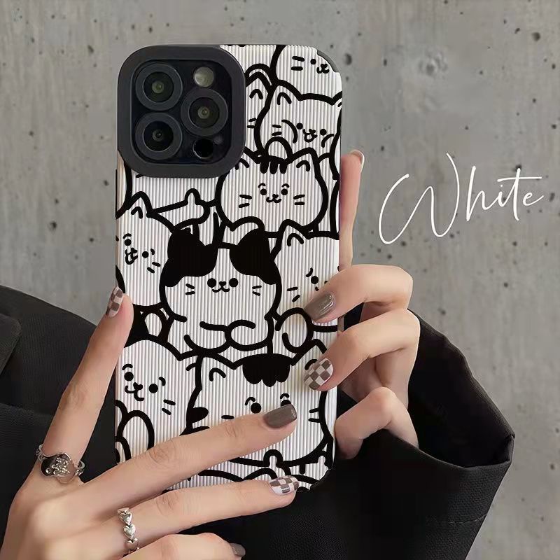 【Lamb Skin】Vertical Grain Soft Case for IPhone 6S 7 Plus 8 Plus X XS XR XS Max 11 13 12 14 PRO Max 14 Plus 13 12 Mini Cute Black and White Line Cat Cartoon