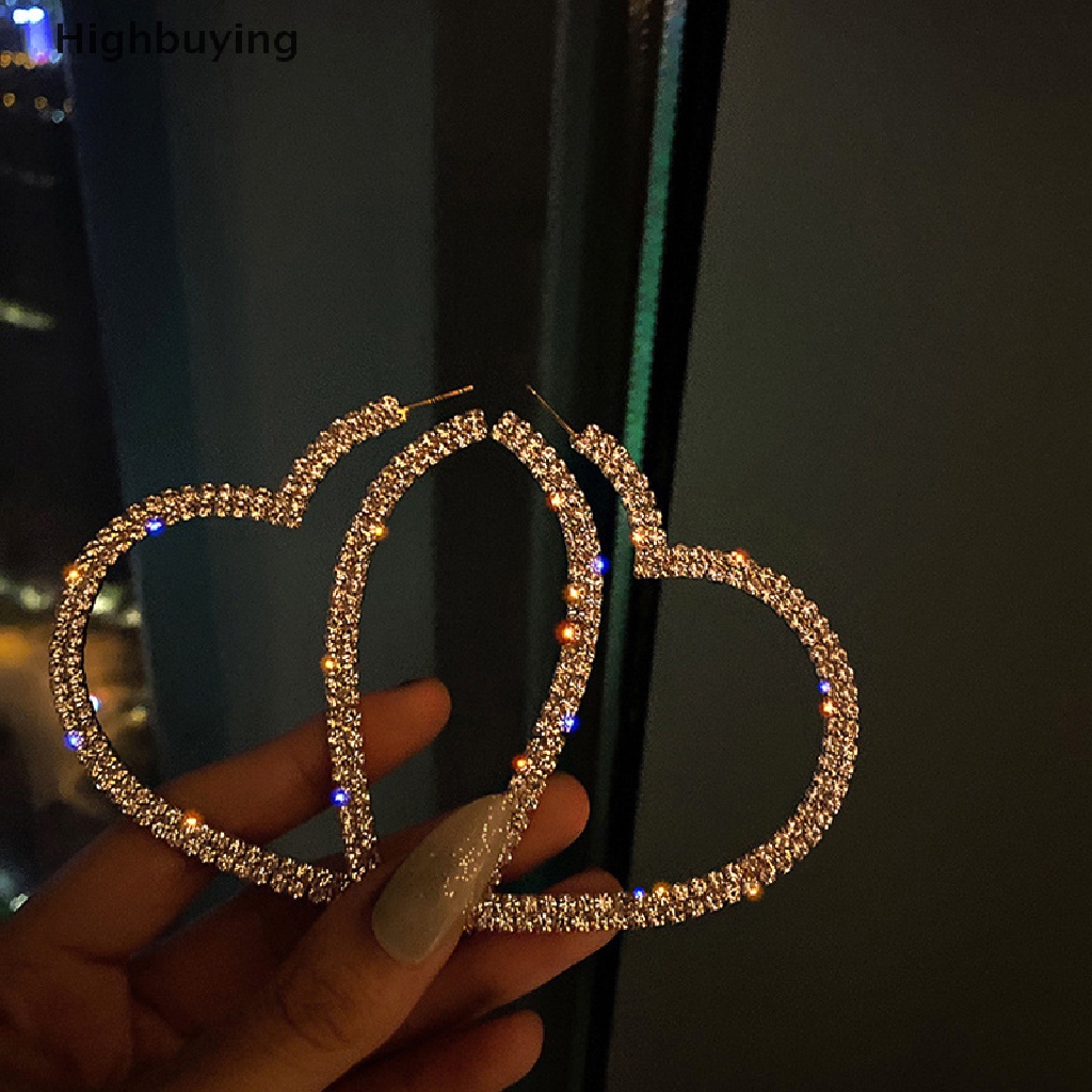 Hbid Fashion Hati Besar Anting Hoop Kristal Untuk Wanita Geometris Berlian Imitasi Anting Glory