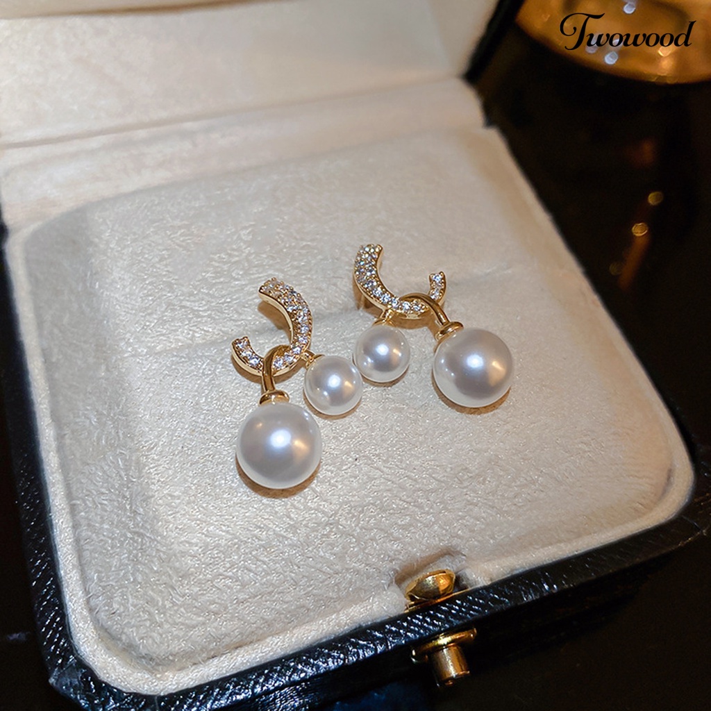 Twowood 1pasang Stud Earrings Dual Faux Pearls Dainty Golden Bling Berlian Imitasi Wanita Drop Earrings Fashion Perhiasan