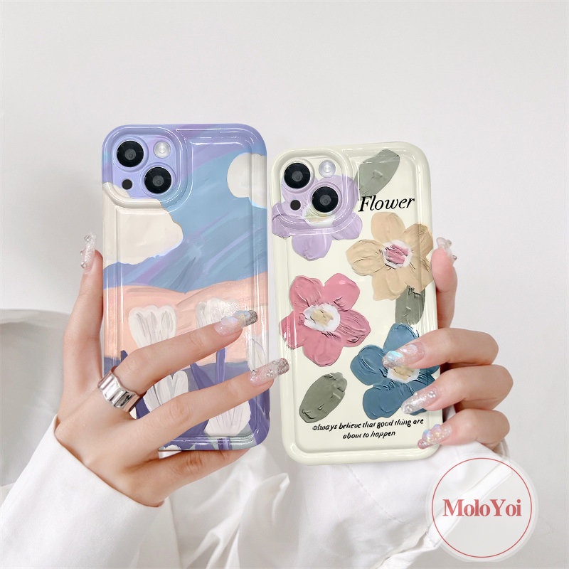 IPHONE Shockproof Airbag Fresh Art Flower Tulips Case Kompatibel Untuk Iphone14 11 13 12 Pro MAX 7Plus XR 6 6S 8P Plus X XS MAX Lukisan Cat Minyak Bunga Lembut TPU Silicon Clear Phone Back Cover