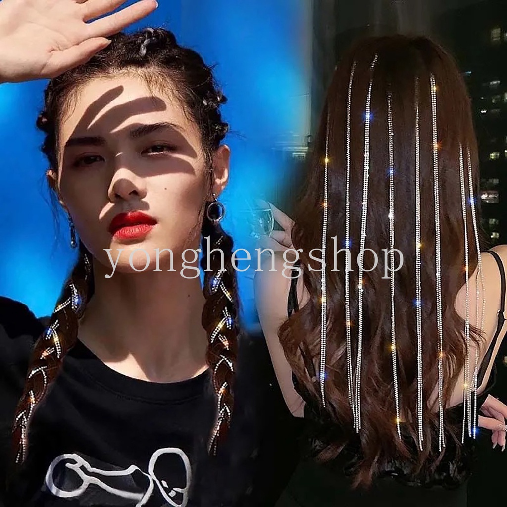 Fashion Berlian Mengkilap Rumbai Klip Rambut Kedip Rantai Jepit Rambut Dikepang Hiasan Kepala Kristal Ekstensi Rambut Glitter Helai Bersinar Wig Ponytail Chain Clip