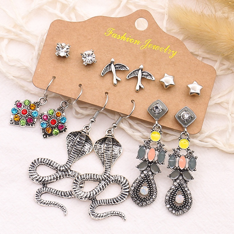 6pcs / Set Anting Kombinasi Bahan Alloy | Anting Bentuk Burung Hantu Dan Ular | Anting Bahan Stainless Steel | Aksesoris Wanita