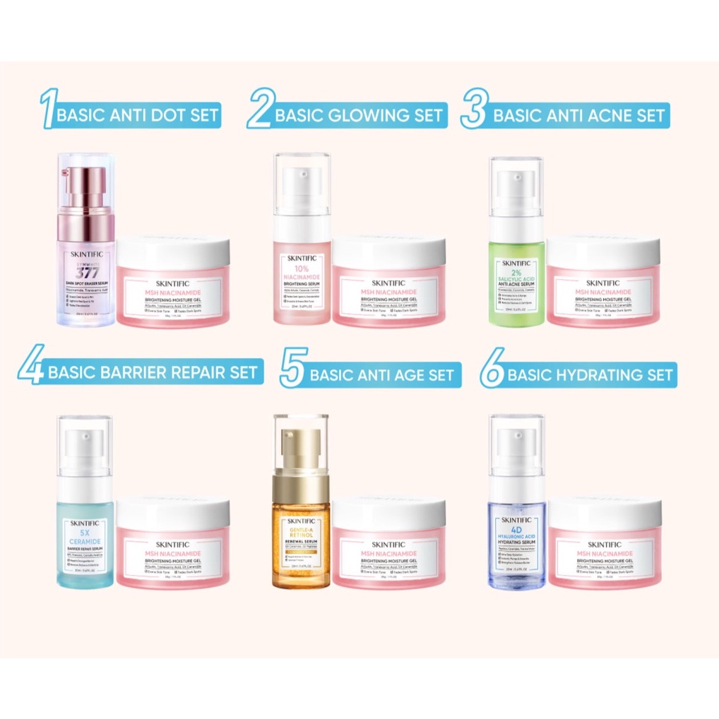 SKINTIFIC 2pcs Brightening Krim &amp; Serum Set+ MSH Niacinamide Moisture Gel 30g Skintific Moisturizer Krim Wajah Whitening Moisture Gel + Anti Dark Dot Serum /Glowing Brightening Serum /Anti Acne Serum / barrier Repair Serum /Hydration Serum Skintific Serum