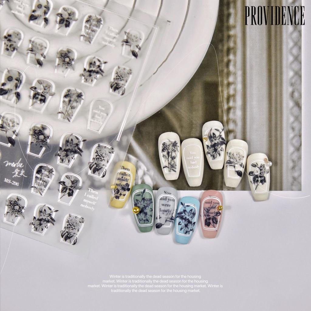 Providence Nail Decal Self-Adhesive Mudah Tempel Efek 3D Tidak Luntur Gloss DIY Gaya Jepang Vintage Relief Hitam Bunga Nail Patch Perlengkapan Kuku
