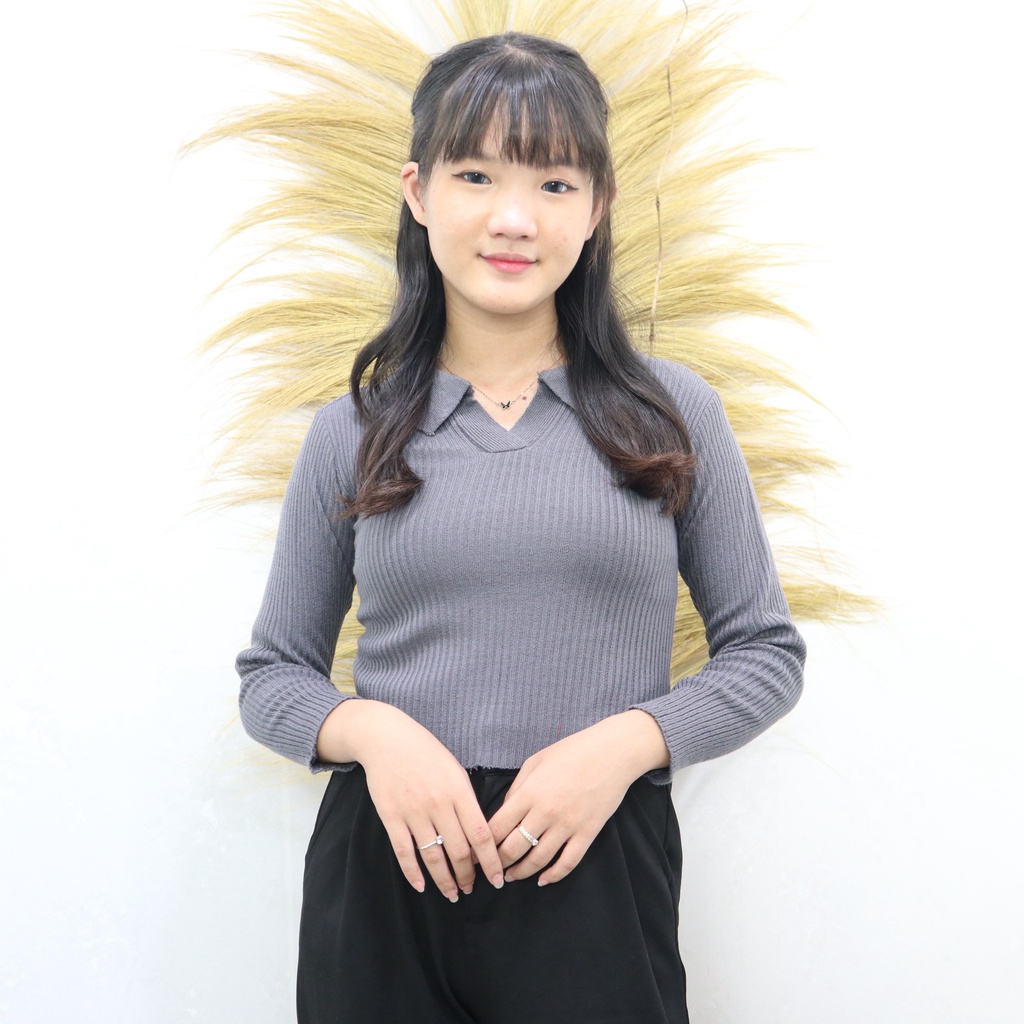 Crop Lola Knit kerah Rajut Lengan Panjang wanita