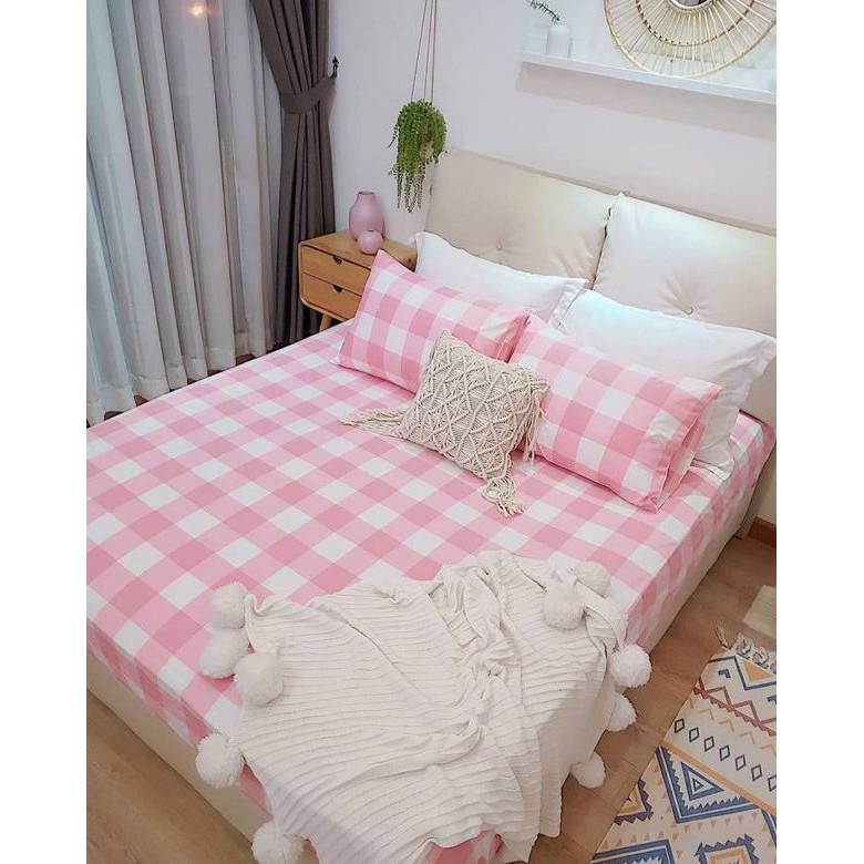 SPREI SET KOTAK KOTAK EMILY PINK UKURAN 90-200CM