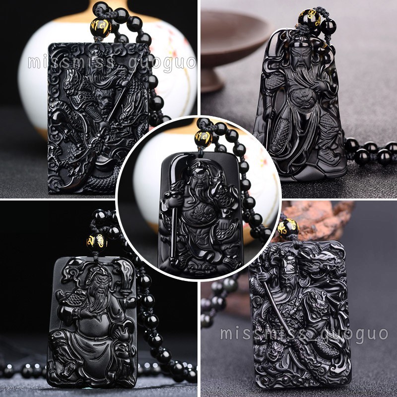 Kalung Keberuntungan Liontin Bahan Obsidian Desain Dewa Kemakmuran Gaya Retro Untuk Priawanita Fortune