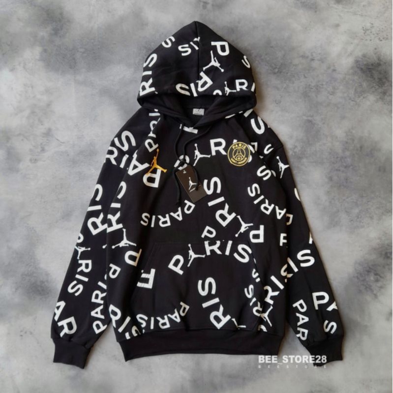 SWEATER HOODIE JORDAN PARIS PSG FULL PRINT HITAM FULLTAG &amp; LABEL