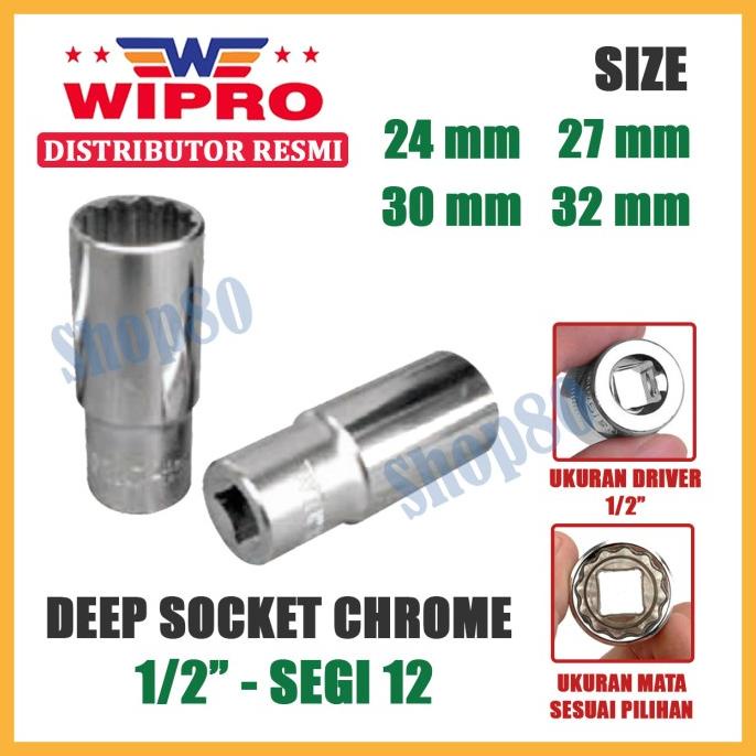 Wipro Mata Kunci Shock Panjang Sok Sock 1/2" 12PT 24 27 30 32 mm