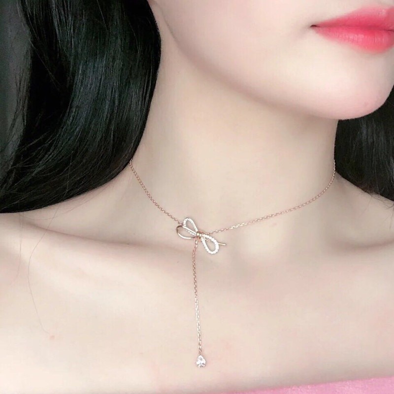 Kalung Model Rumbai Bahan 925 Sterling Silver | Kalung Rantai Dengan Liontin Pita Untuk Wanita | Aksesoris Emas 18k Untuk Wanita