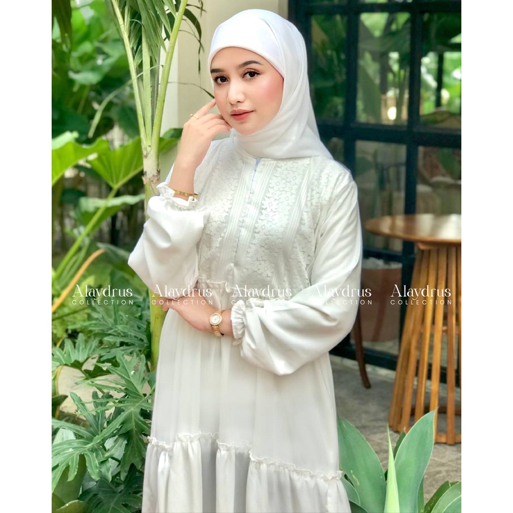 Abaya Gamis Putih Dress Maxi Arab Saudi Bahan Wolfis Premium Kombinasi Brukat Dada By AlaydrusCollection