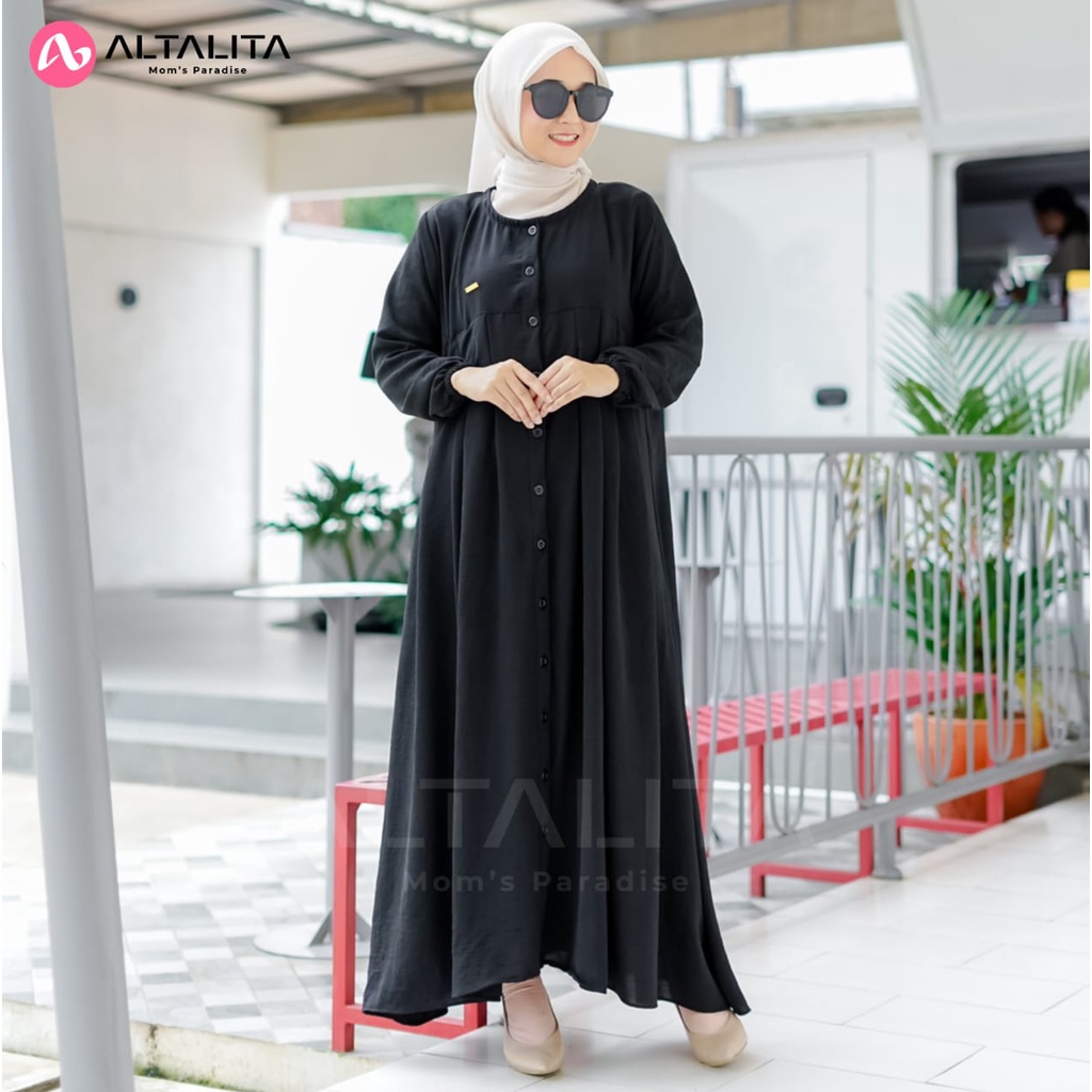 Altalita - Dress Amaraa Full Kancing Cringkle Airflow Basic Casual Gamis Wanita Muslimah Lengan Panjang Kekinian Busui Polos Premium Lebaran Kondangan Vintage Terbaru