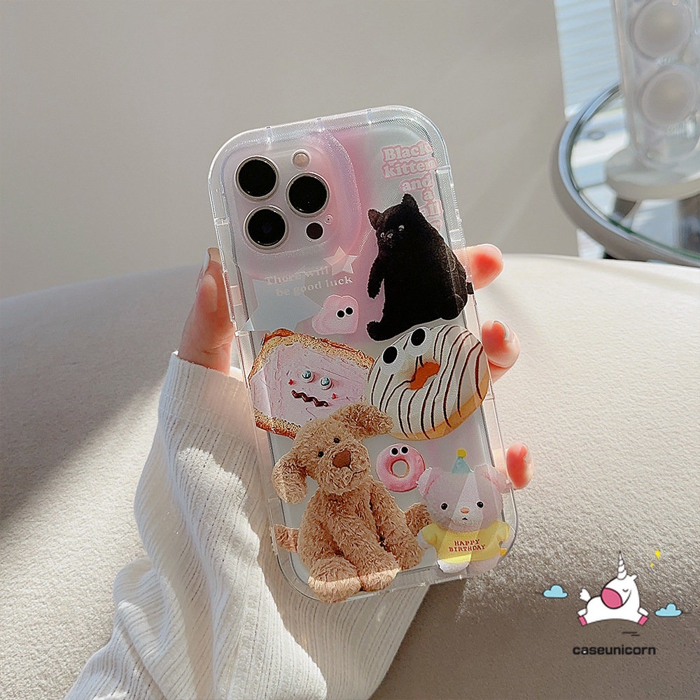 IPHONE Casing Ponsel Airbag Transparan Kompatibel Untuk Iphone11 13 14 12 Pro Max6 6S 7 8 Plus XR X XS MAX Ins Hewan Lucu Stiker Kartun Boneka Beruang Anjing Kucing Shockproof Lembut TPU Penutup Belakang