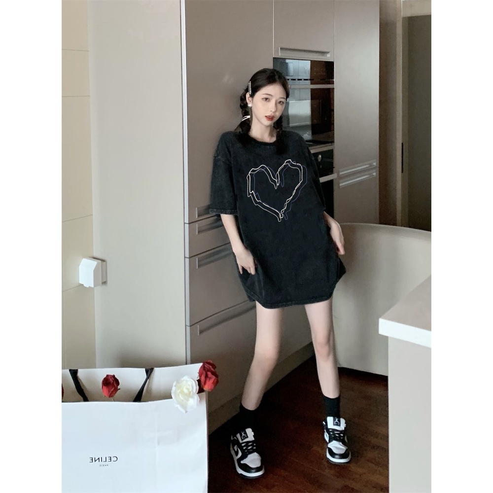 XIAOZHAINV Korean Style Heart Pattern Washed Printing Kaos Wanita