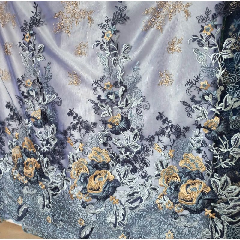 Kain Tile Brokat Two Tone Bordir Timbul Tebal elegan anggun biru navy