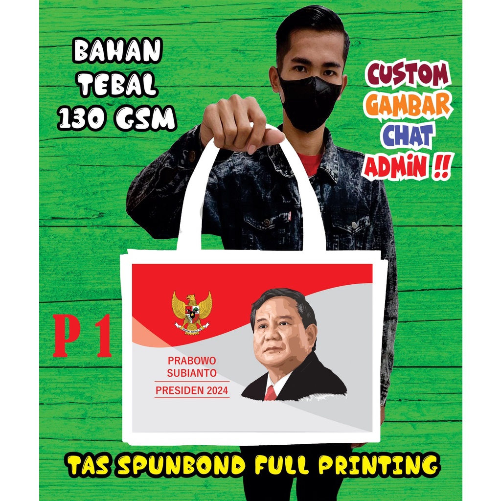 

Tas Tote Bag PEMILU 2024/Tas Spundbond Tebal Desain Foto PRABOWO/Goodie Bag Spundbond PILPRES 2024/Souvenir PEMILU 2024/Tas Spundbond Custom