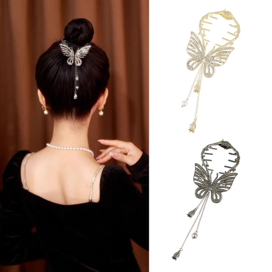 Korea Logam Kupu-Kupu Berlian Imitasi Rambut Klip Rumbai Chian Kristal Jepit Rambut Ponytail Holder Woman Aksesoris Rambut