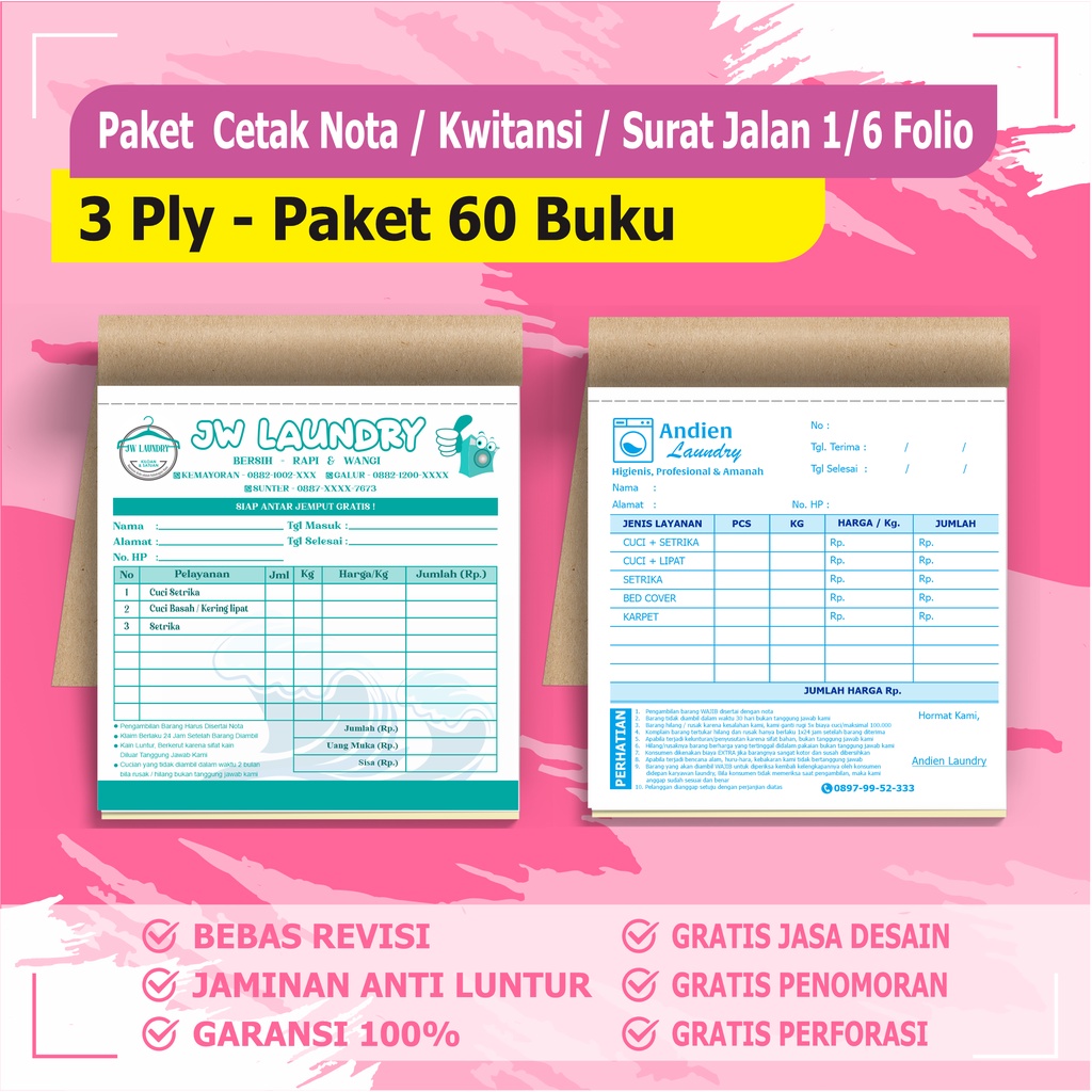 

cetak Nota custom 3 ply / Paket 60 buku 3 Rangkap ( 1 RIM ) nota custom surat jalan custom BEBAS DESAIN