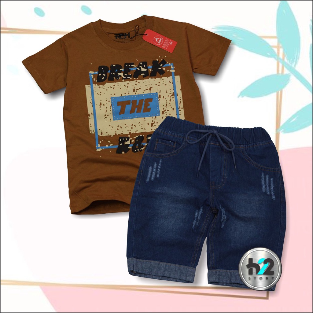 Setelan Anak Celana Jeans / Setelan Jeans Anak Laki Laki /  Setelan Kaos Distro Anak Celana Jeans Pendek Usia 3-12 Tahun / By H22Story-CoklatMuda Navy