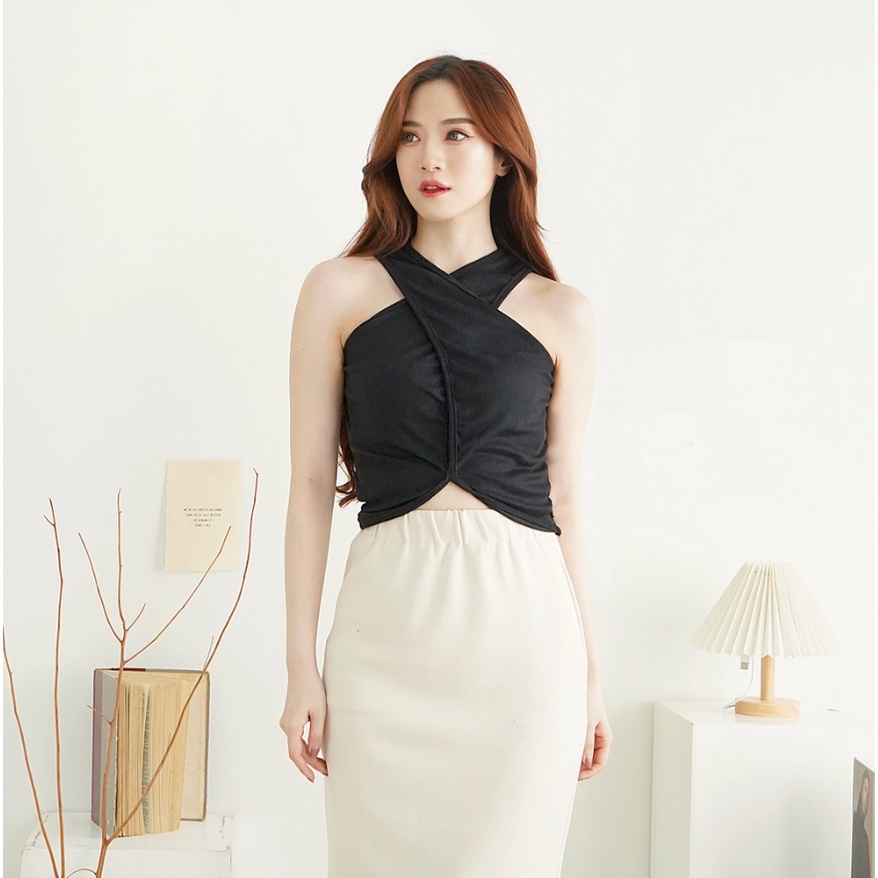 CAVALU Korean Knit Cross Tank Top Crop Top Rajut Kaos Polos  207