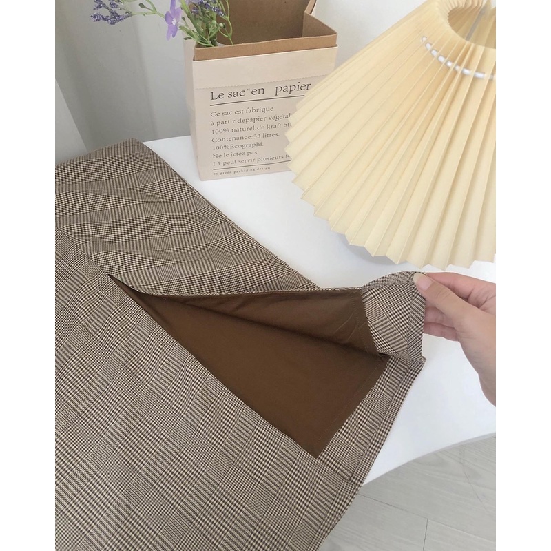 Kadaka B-0183 Midi Plaid Skirt Rok Wanita Korean Look Detail Slit