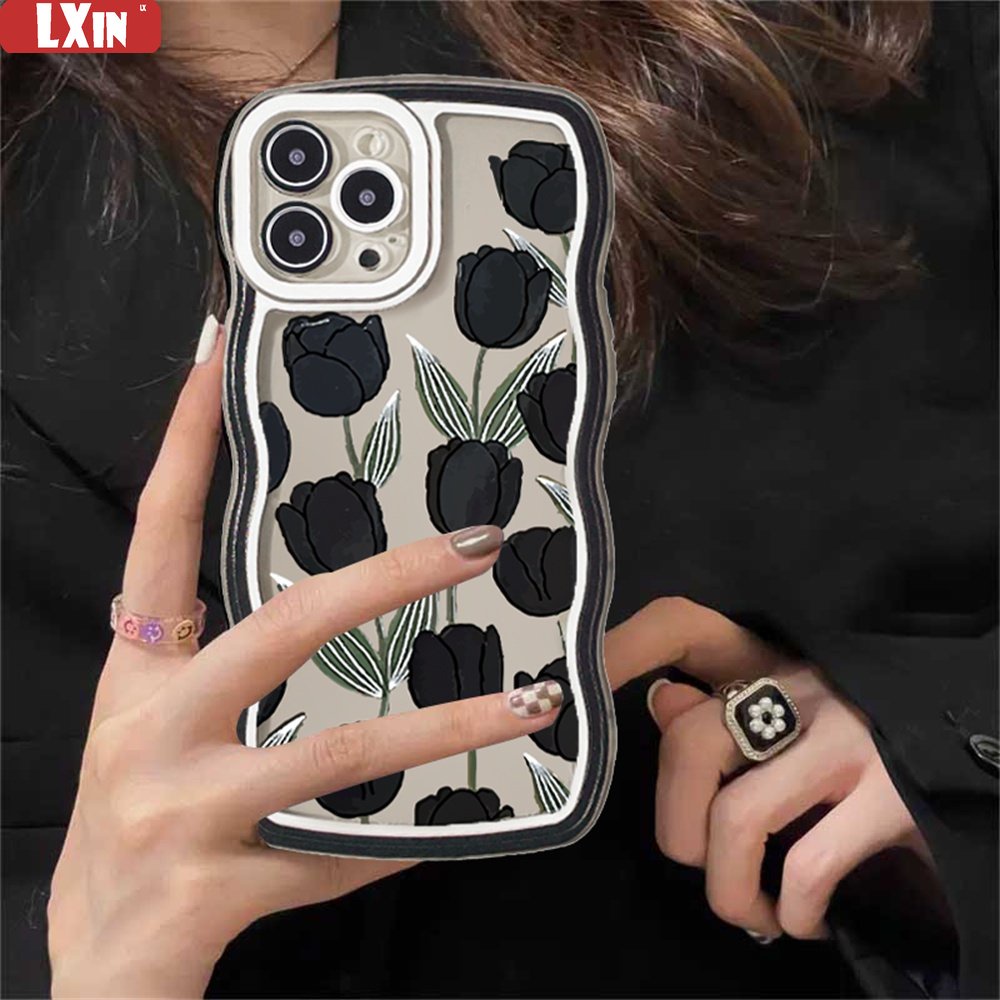 Casing Tulip Hitam OPPO A17 A57 2022 A15 A16 A16K A54 A12 A5S A7 A94 A93 A3S A11k A53 A31 A52 A92 A37 F9 A1K A76 A36 5F A9 2020 Wave Edge TPU Phone Case Cover