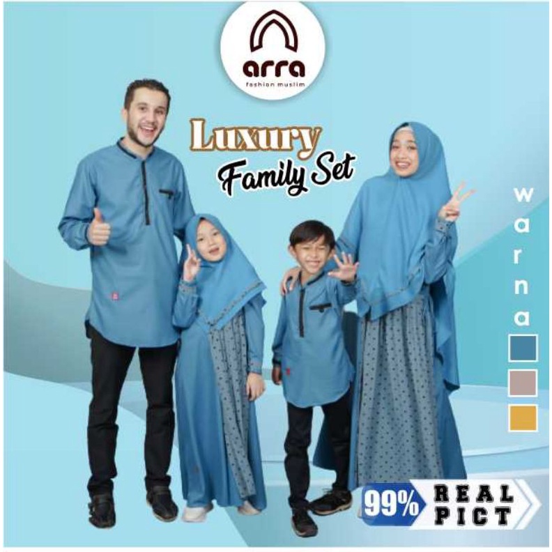 Arra Ayman Blue Baju Muslim Mewah Gamis Kerudung/Khimar Koko Sarimbit Couple Family Set Keluarga Lebaran Model Terbaru 2023 Dress Syari Warna Biru Untuk Anak Laki Laki Dan Perempuan Ukuran XS S M L XL XXL 3XL 4XL Jumbo