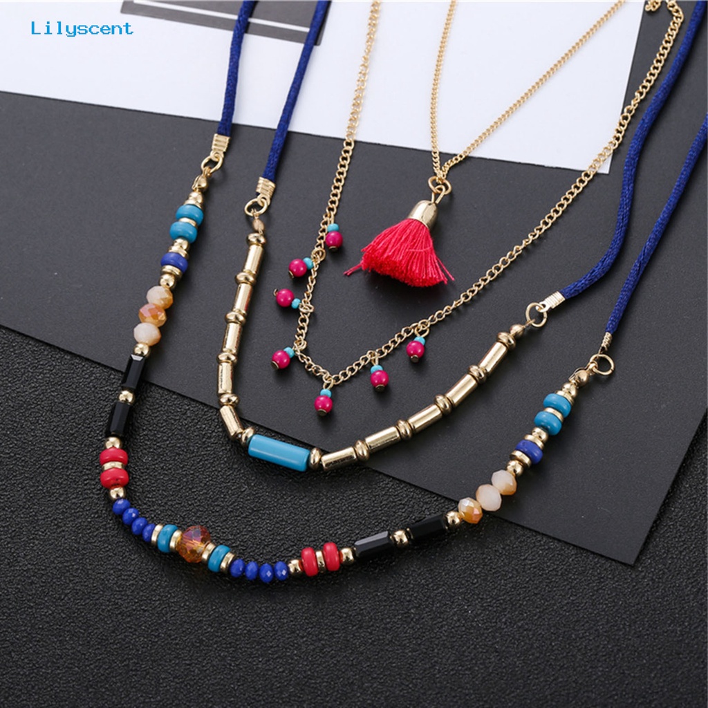 [LS] Kalung Wanita Rumbai Liontin Manik-Manik Perhiasan Multilayer Kalung Warna-Warni Untuk Liburan